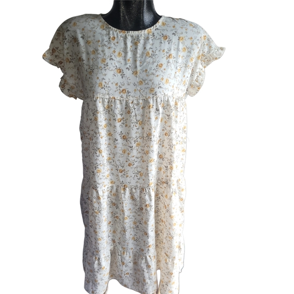 Cream and Yellow Floral Print Ruffled Short Sleeve Dress M - Picture 1 of 5